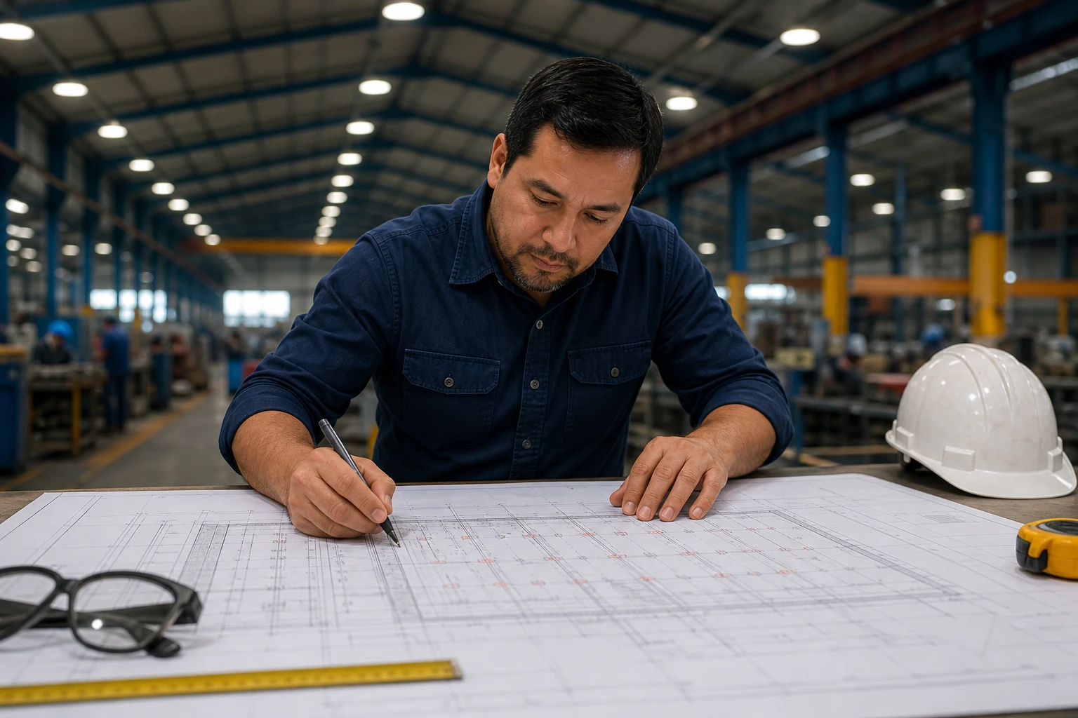 Plano técnico de distribución de luminarias en nave industrial